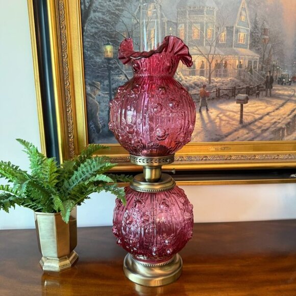 Fenton Glass Cranberry Cabbage Rose Gone With The Wind Style Lamp 3-Way Lighting - Picture 1 of 12